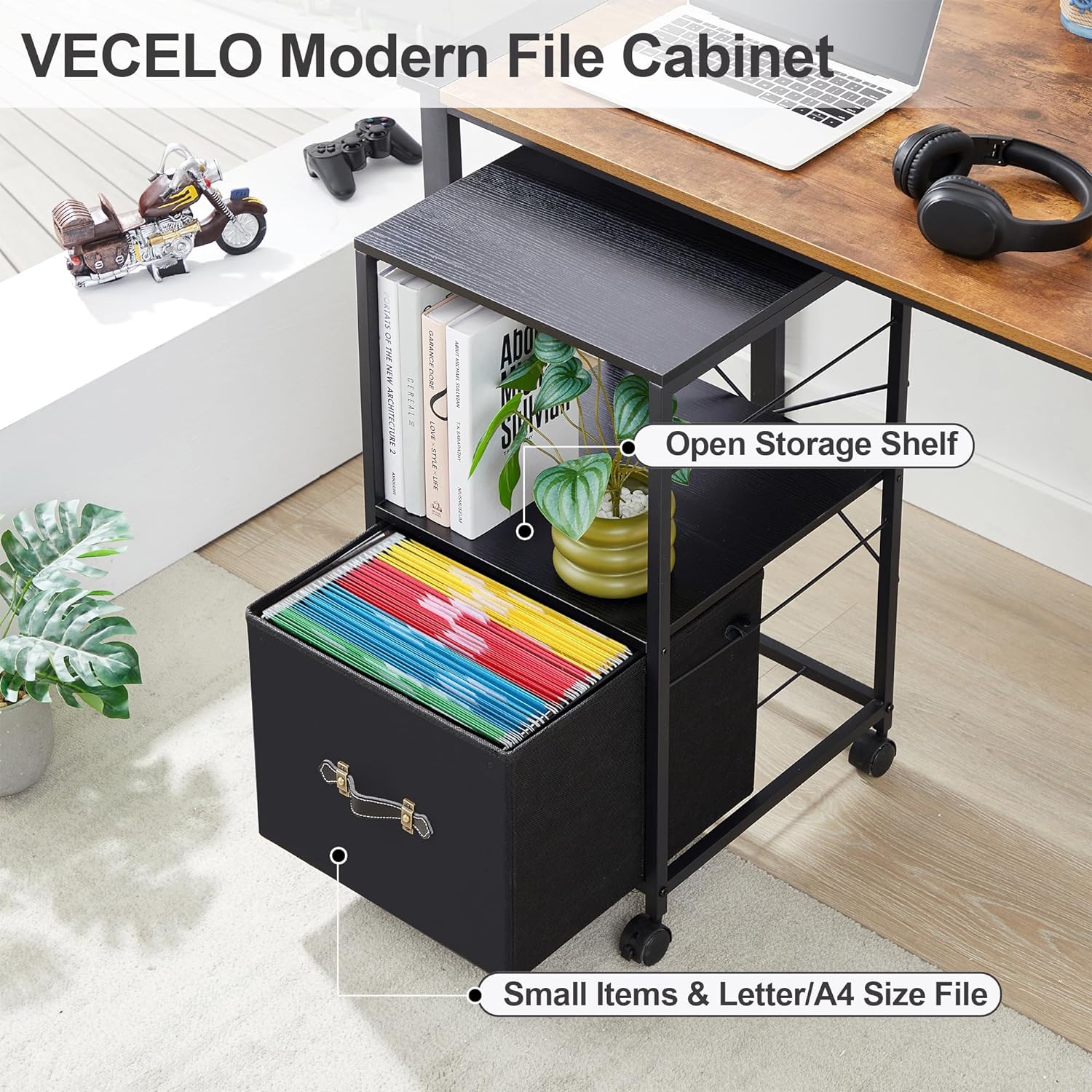 VECELO File Cabinet with Open Storage Shelf, Rolling Printer Stand with Large Fabric Drawer