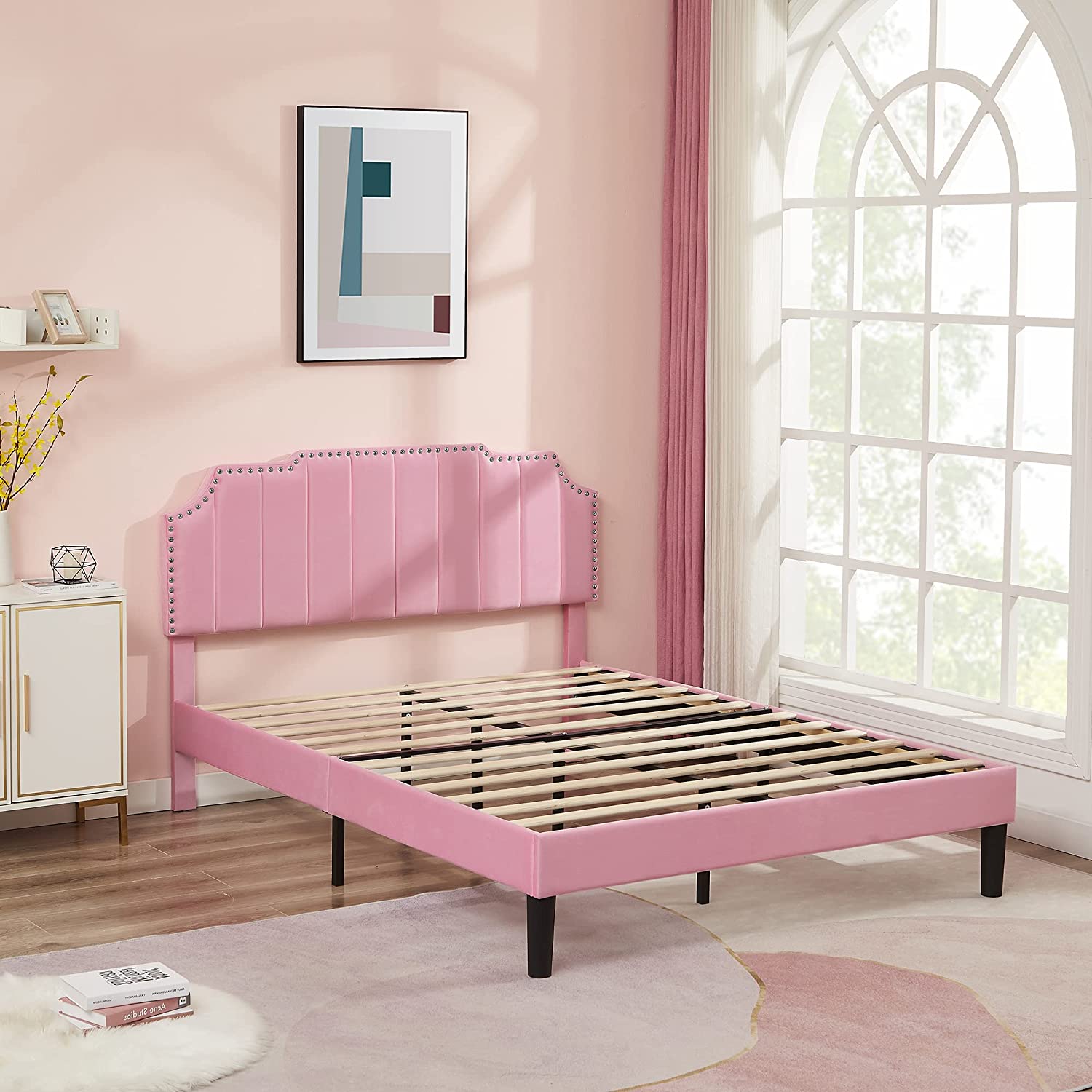 Upholstered Platform Bed Frame with Tufted Adjustable Headboard