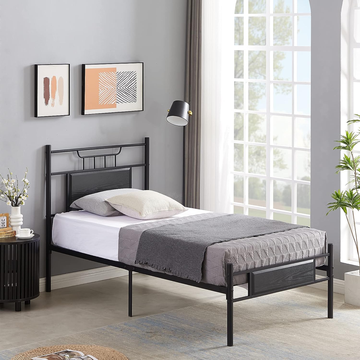 VECELO Size Bed Frame with Wooden Headboard, Metal Platform Bed
