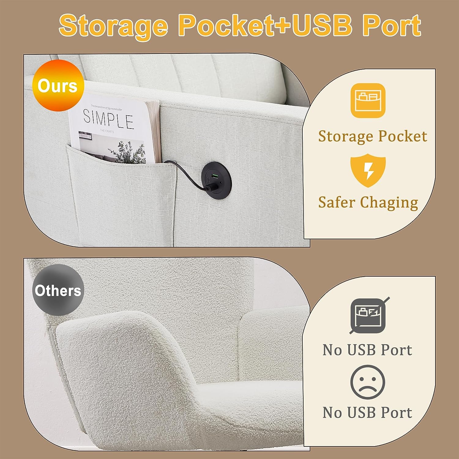VECELO Rocking Chair Upholstered Nursery Glider Rocker High Backrest Comfy Armchair with Side Pocket and USB Port