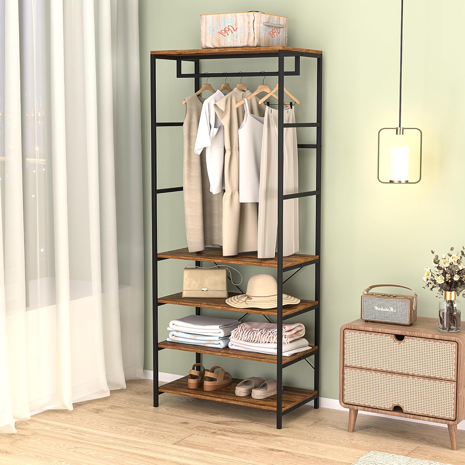 VECELO Coat, Entryway Hall Tree with 4-Tier Shoe Rack and Hanging Rod