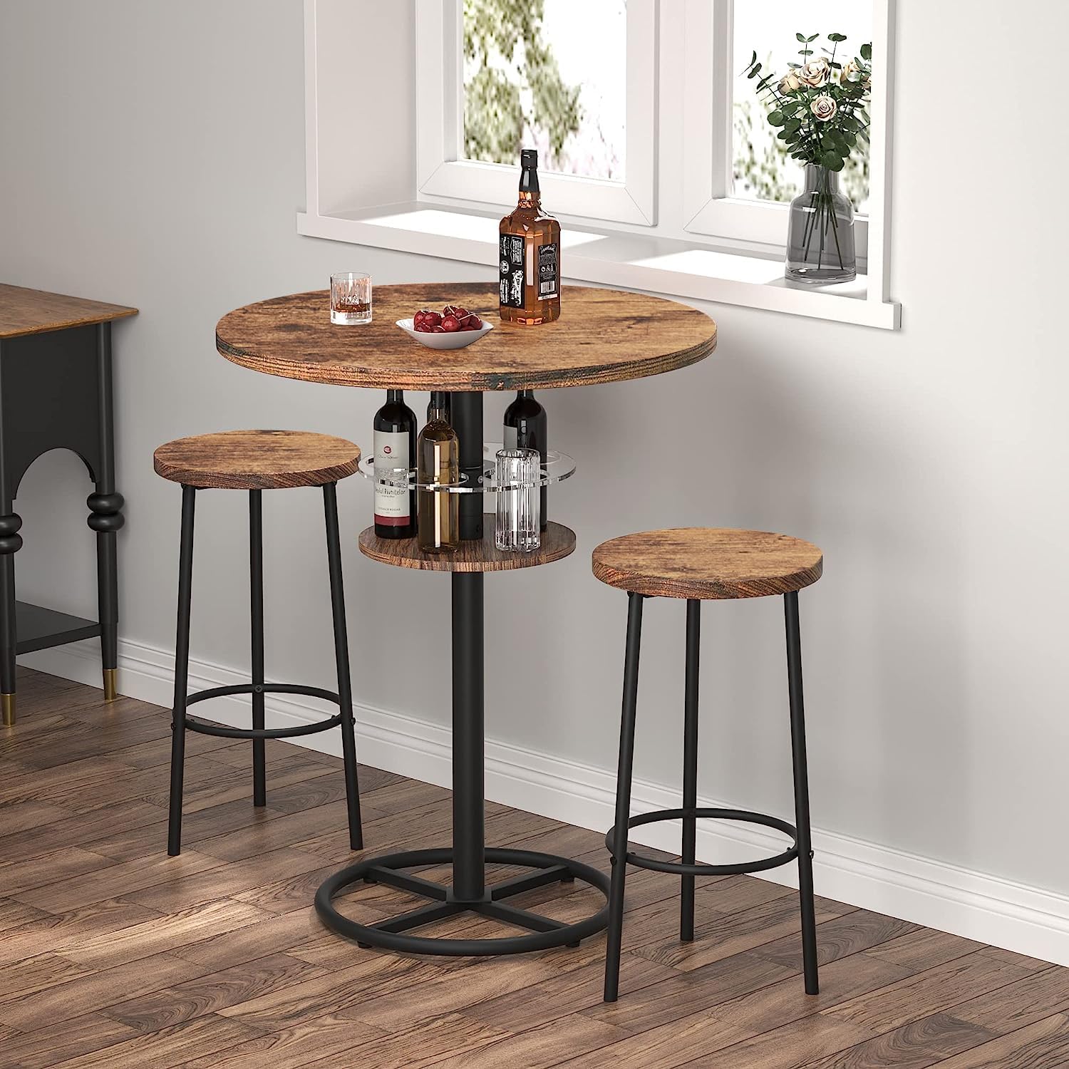 VECELO 3 Piece Bar Table Set, Small 2-Tier Round Pub Table with Barstools