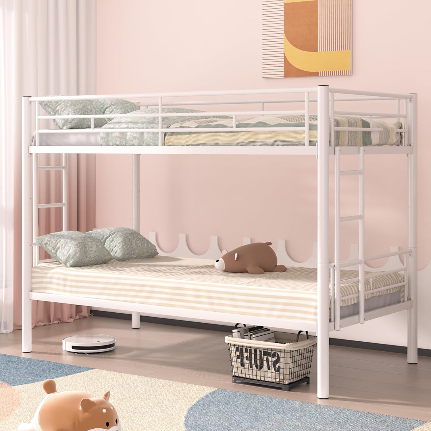 VECELO Metal Bunk Bed Twin Over Twin, Industrial Bunkbeds with Ladder and Full-Length Guardrail