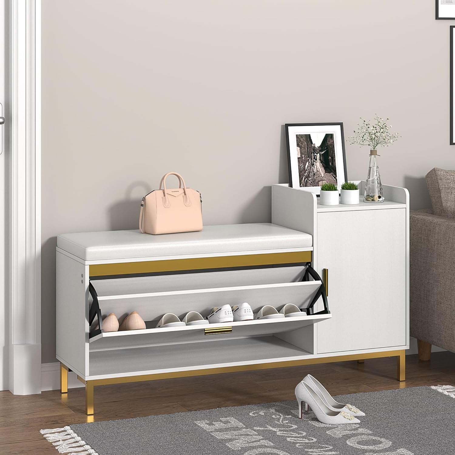 VECELO Shoe Storage Bench with Flip Drawers Entryway Cabinet with Removable Seat Cushion