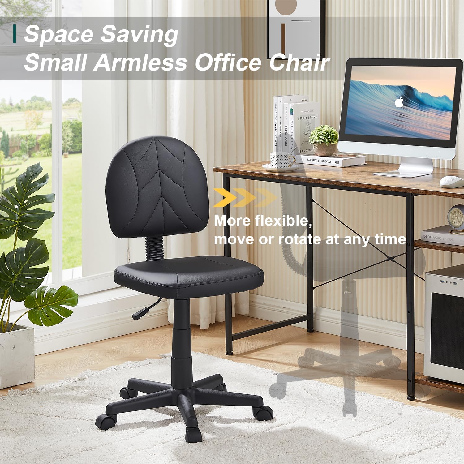 VECELO Small Desk Armless Low-Backrest PU Leather Ergonomic Computer Chair