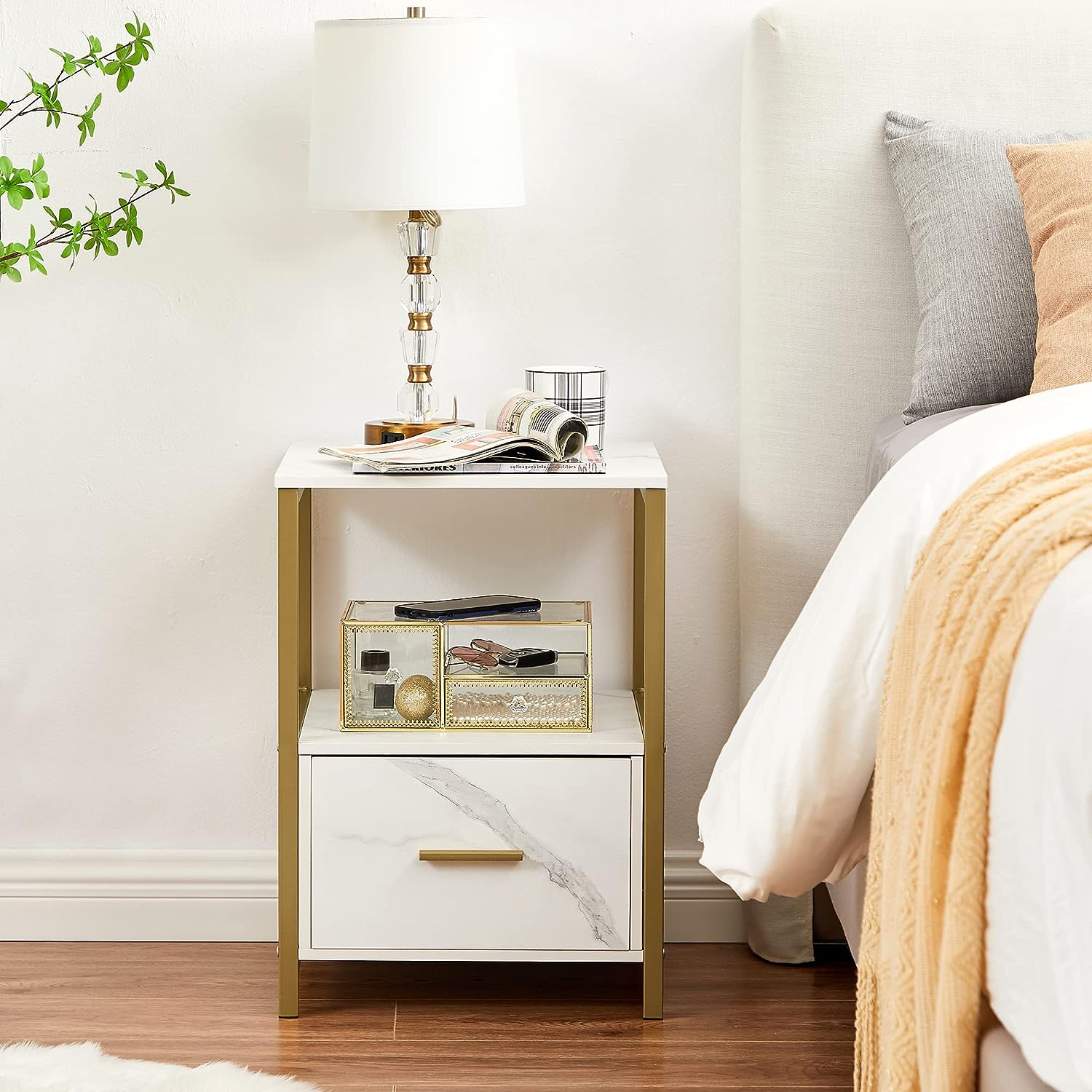 VECELO Nightstand/End/Bedside Table with Storage Drawer and Open Shelf with Steel Frame for Bedroom