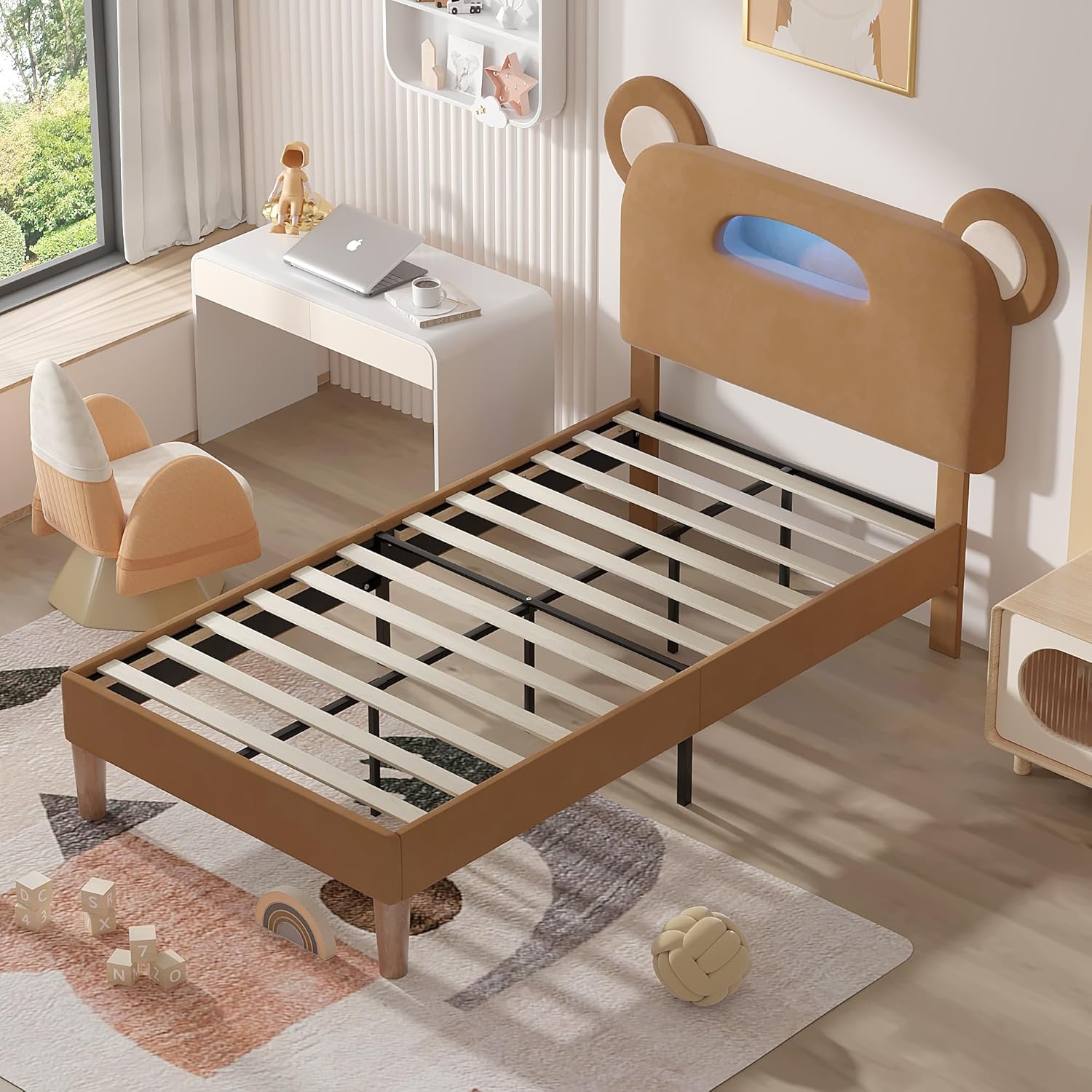 VECELO Twin Size Bed Frame with LED Light, Upholstered