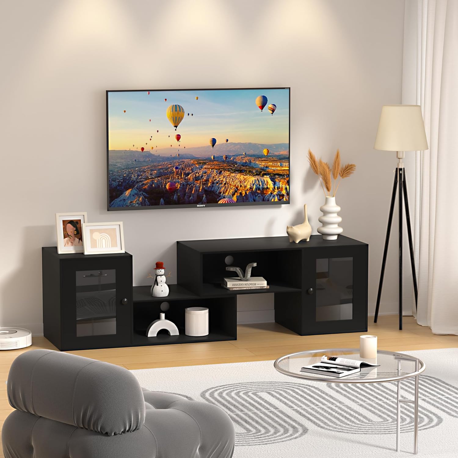 VECELO Deformable TV Stand with LED Strip & Power Outlet & Storage Cab