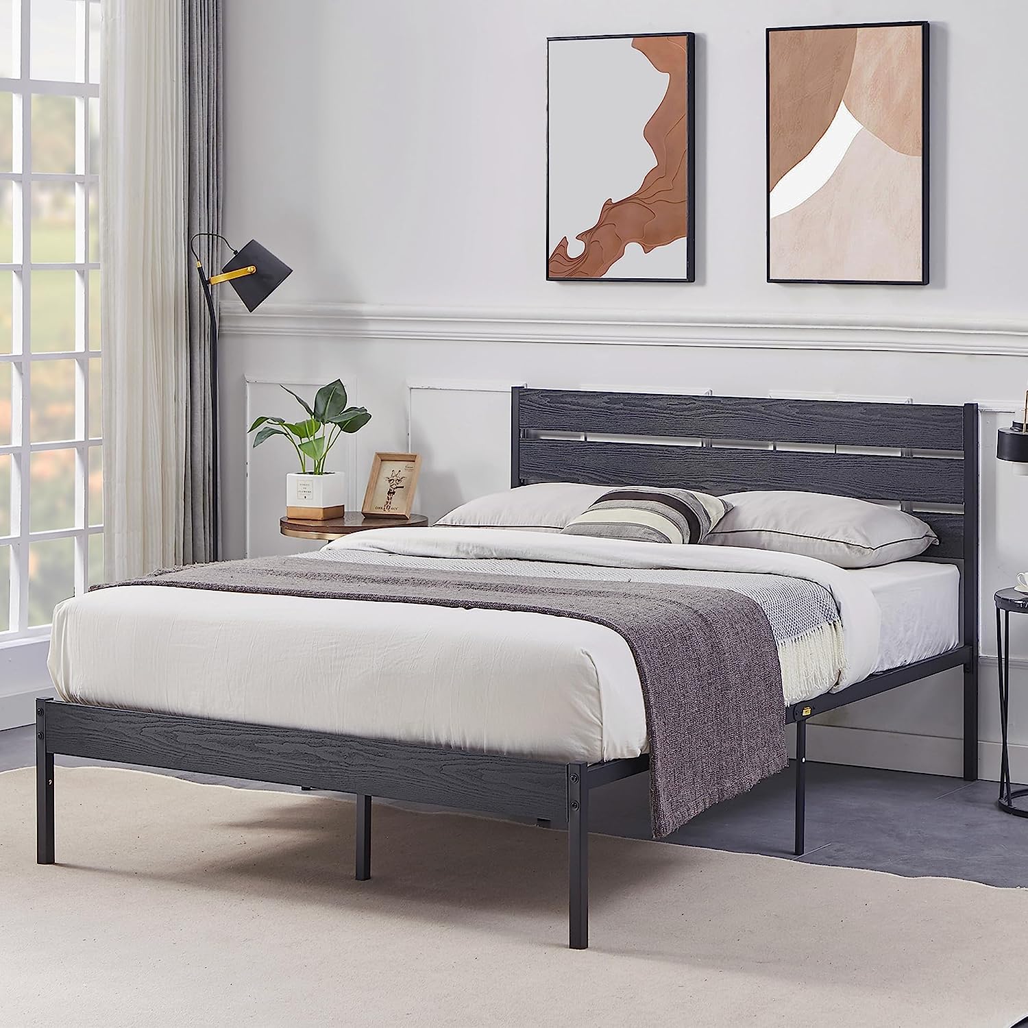 VECELO Platform Bed Frame with Rustic Vintage Wood Headboard/Strong Metal Slats Support