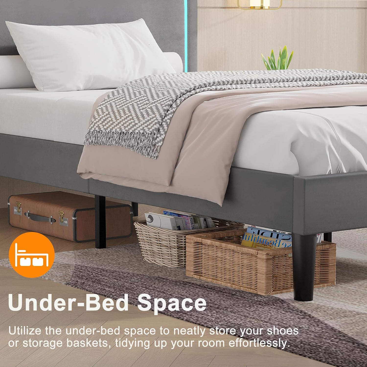 VECELO Upholstered Velvet Platform Bed Frame with Headboard Adjustable, LED Lights, USB-A & Type-C