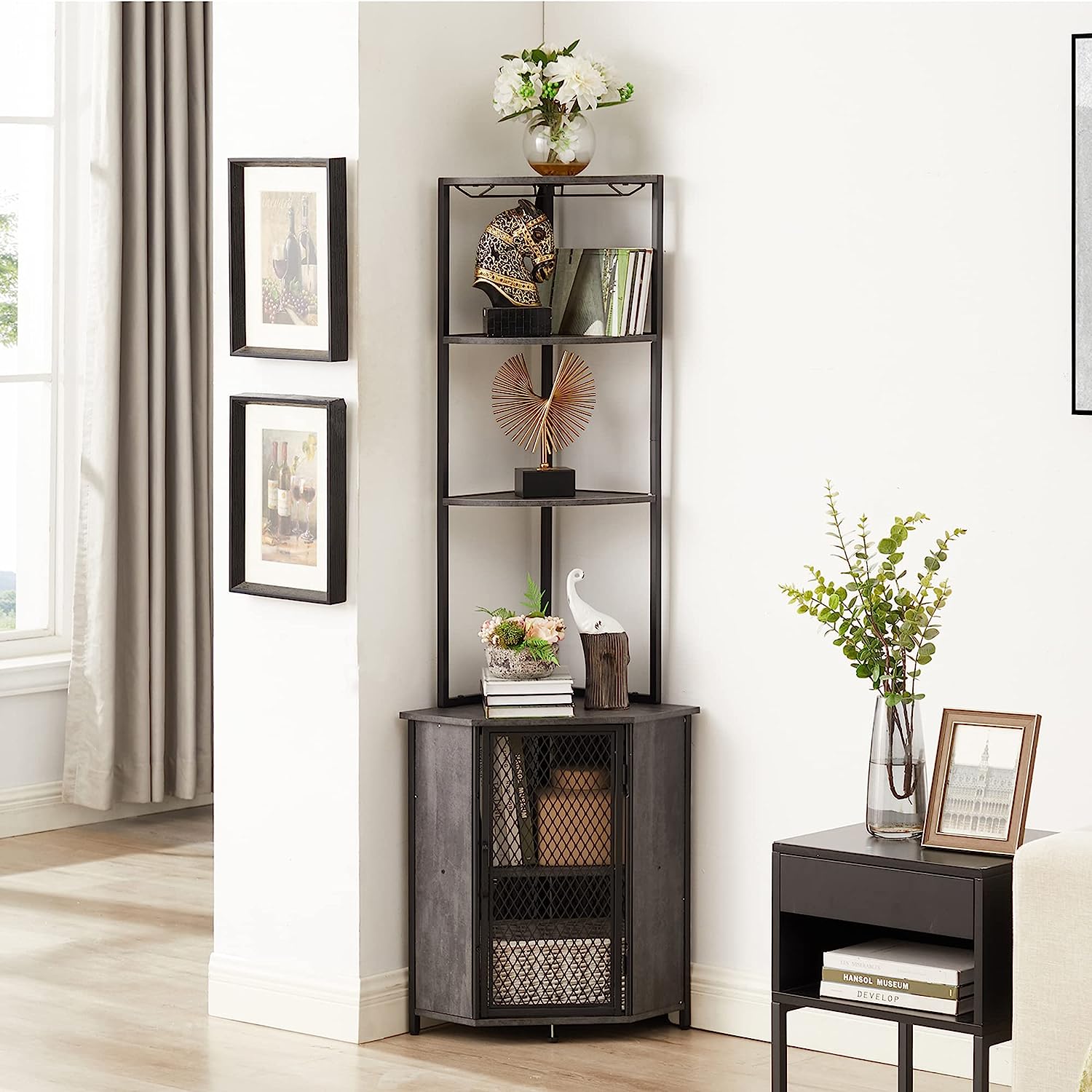 VECELO Corner Storage Cabinet with Wooden Shelves Free-Standing Organi