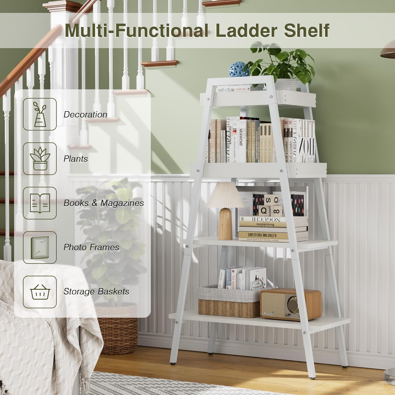 VECELO Ladder Shelf/Display Shelf 4 Tier Storage Bookcase Rack Wood & Steel