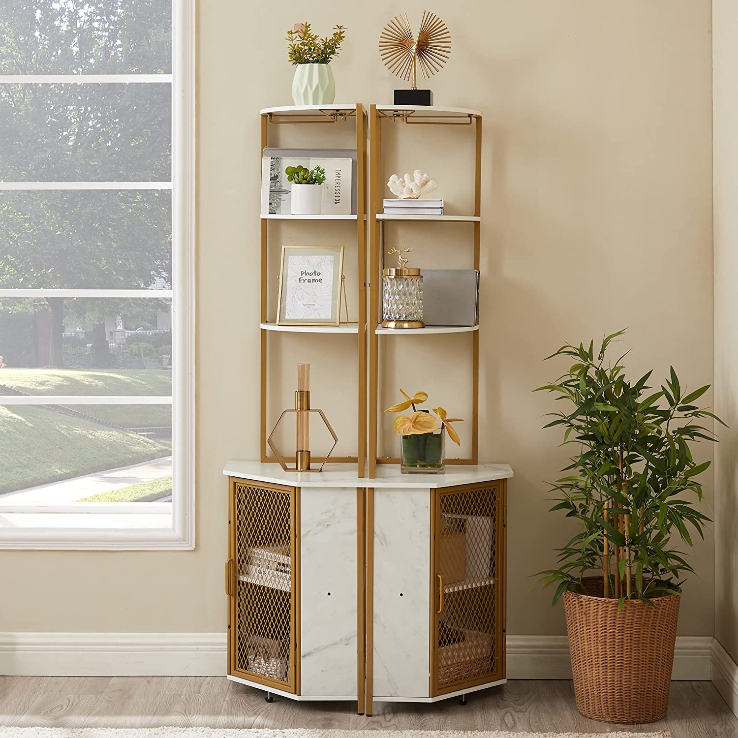 VECELO Corner Shelf, 63 Inch Tall Storage Cabinet, 5-Tier Bookshelf Di