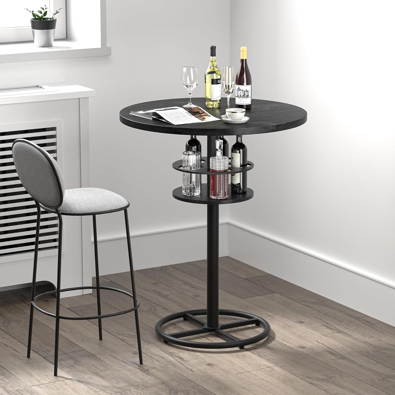 VECELO 3 Piece Bar Table Set, Small 2-Tier Round Pub Table with Barstools