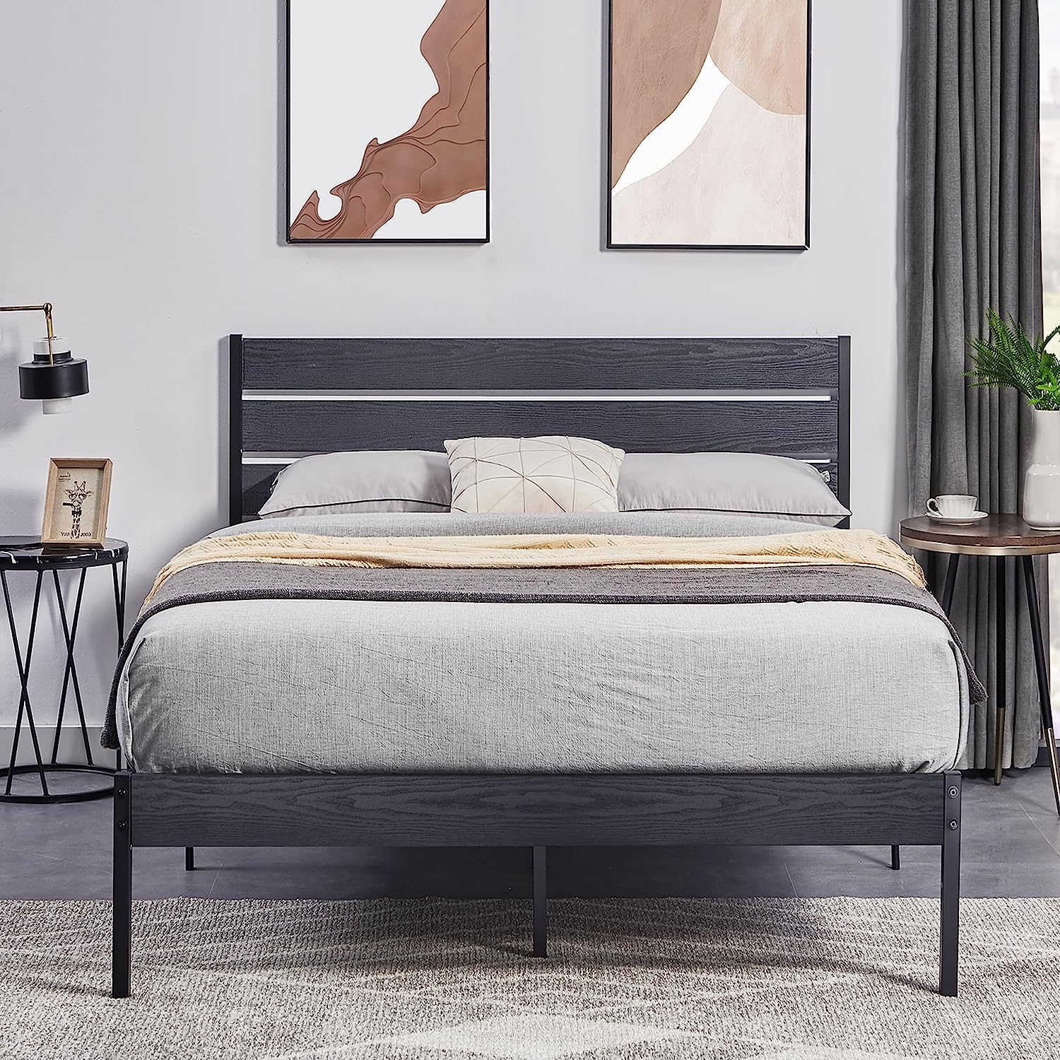 VECELO Platform Bed Frame with Rustic Vintage Wood Headboard/Strong Metal Slats Support