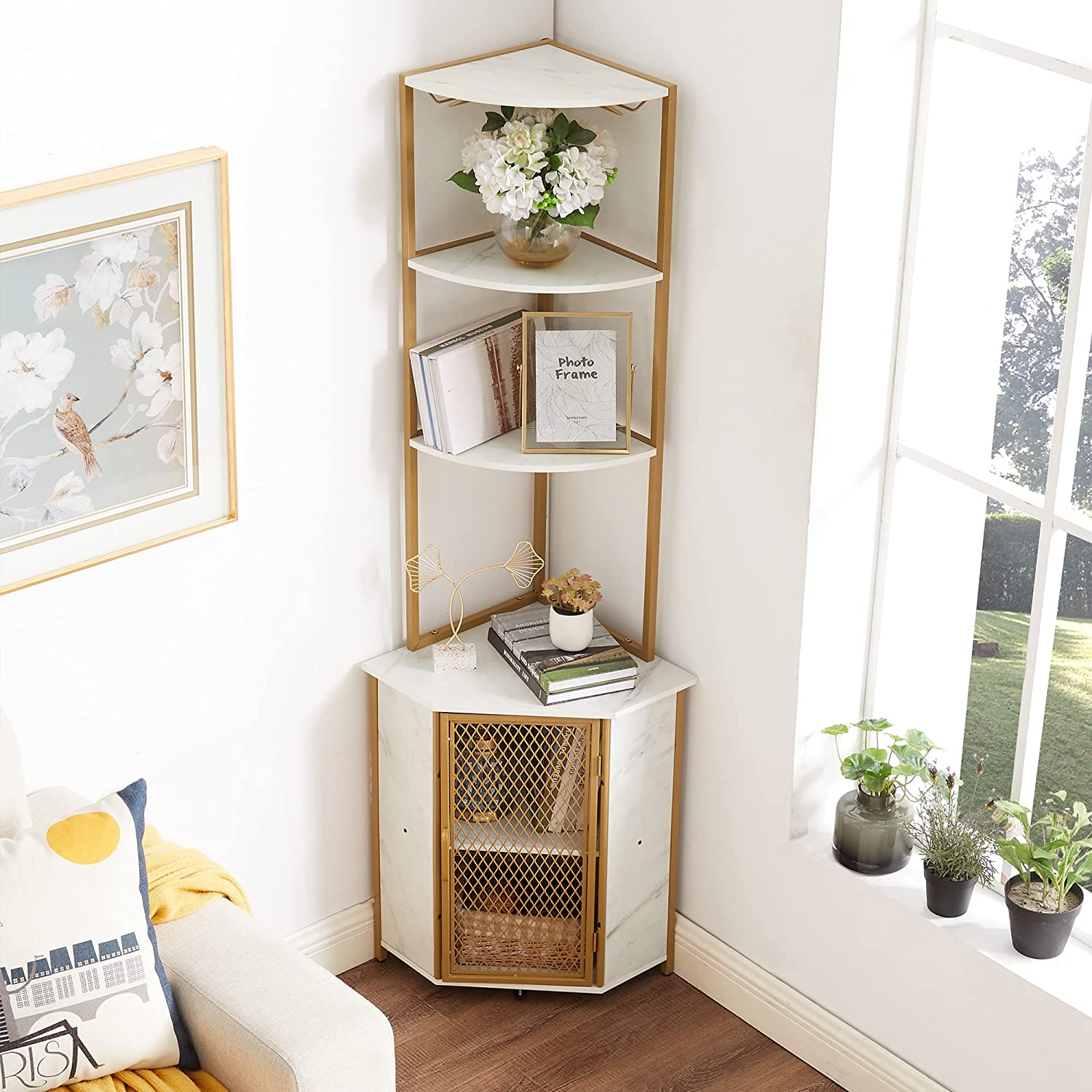 VECELO Corner Cabinet, Tall Storage Shelf Bookshelf Display Shelves Rack - VECELO