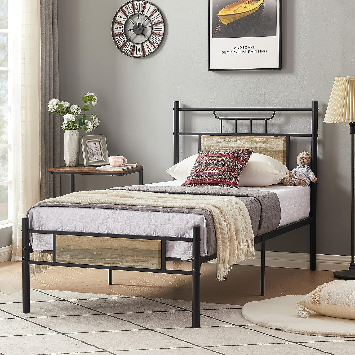 VECELO Platform Bed Frame with Wood Headboard No Box Spring Needed Heavy Duty Steel Slat