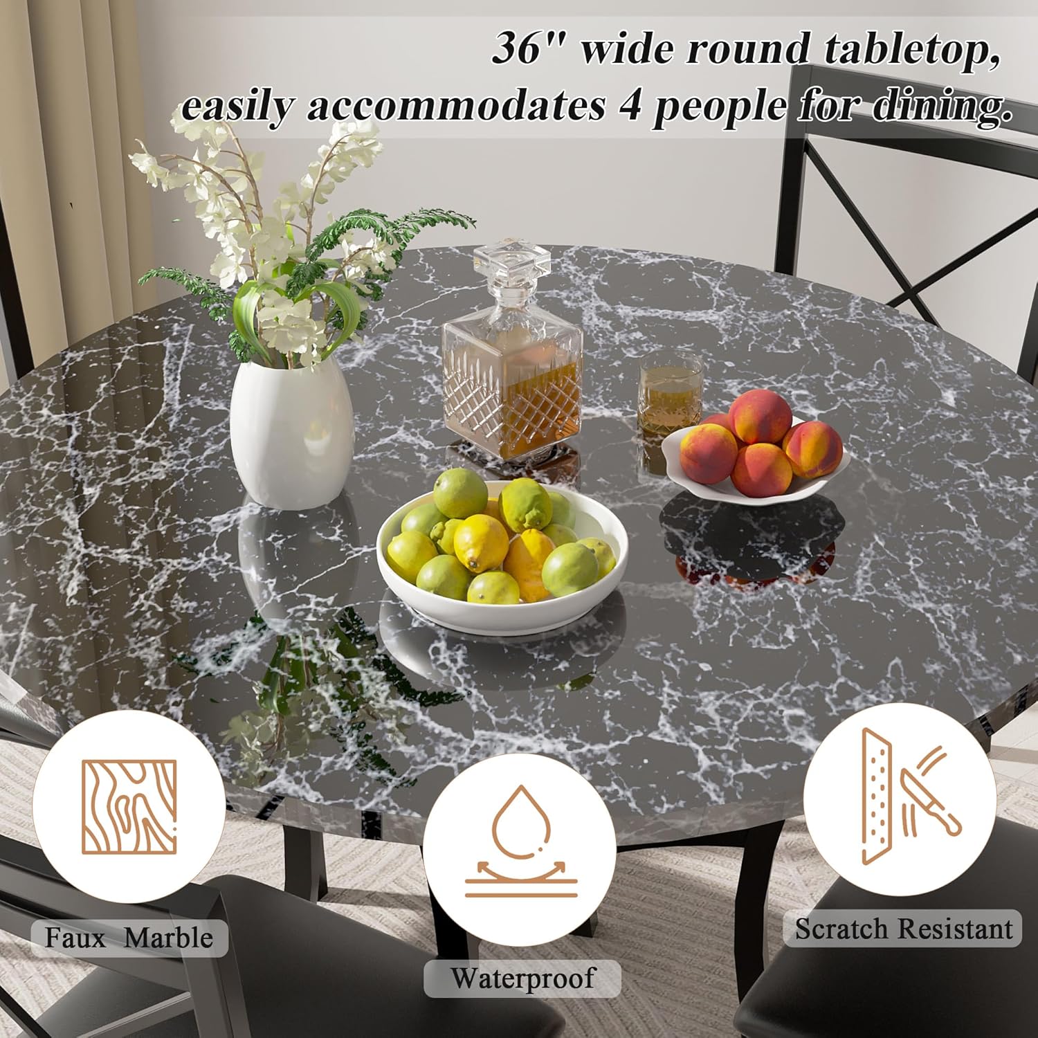 VECELO 36" Round Dining Table for 4, Faux Marble Dinette with Metal Frame for Kitchen - VECELO