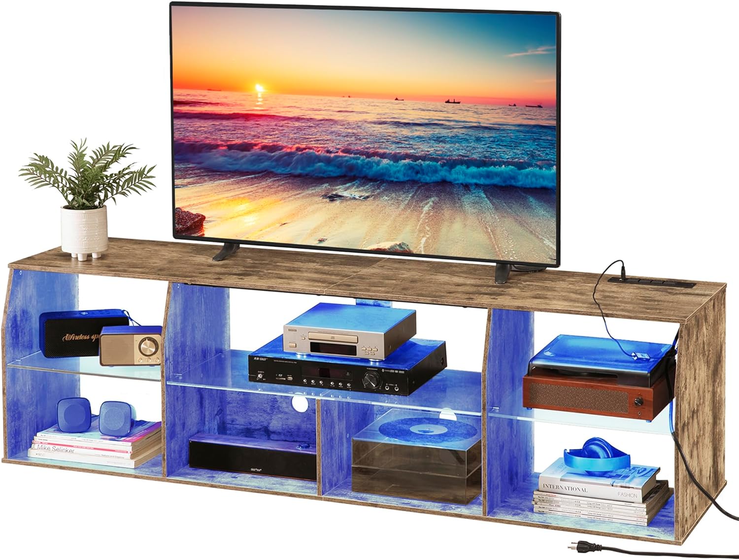 VECELO TV Stand with LED Strip & Power Outlets, Industrial Entertainment Center