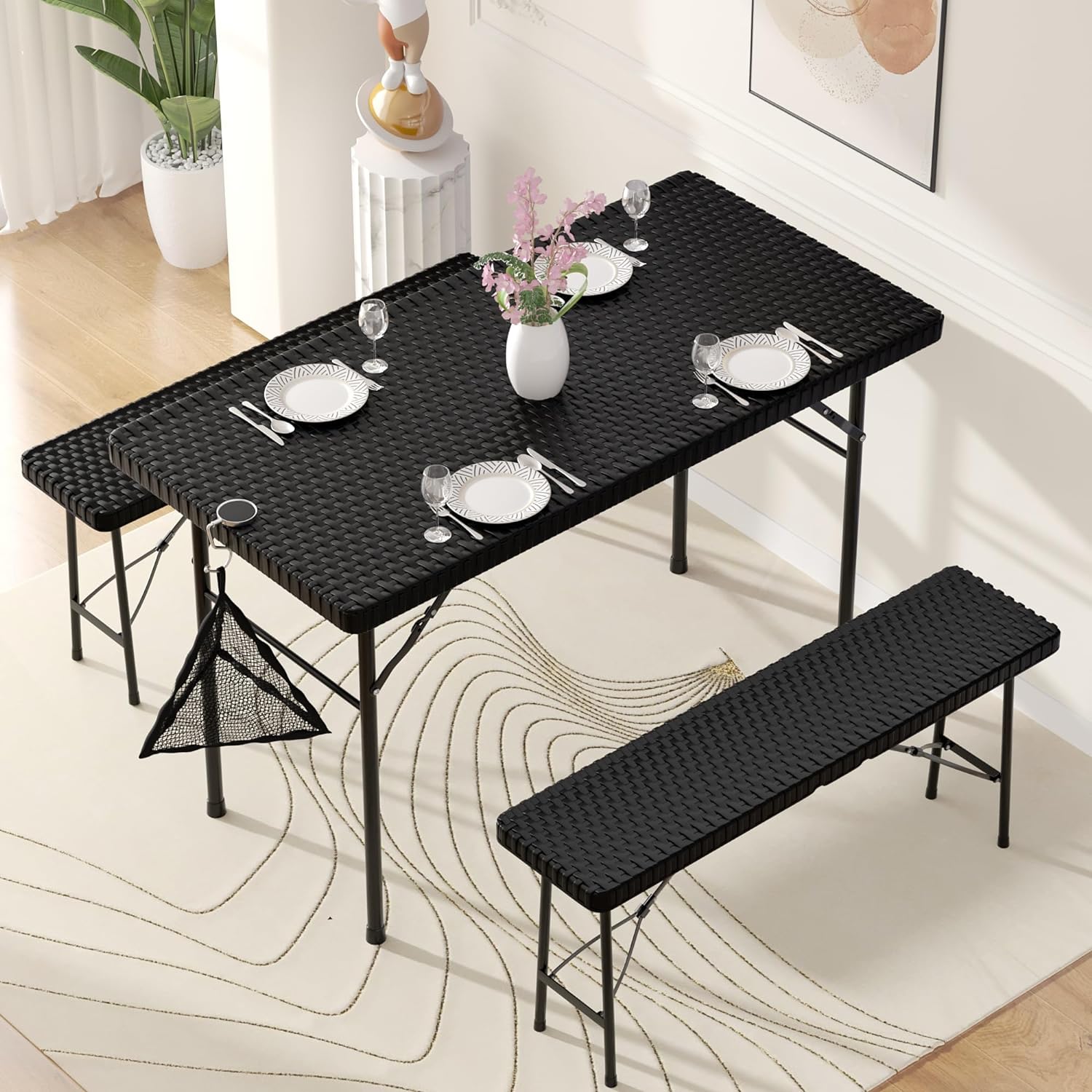 VECELO Dining Set for 4, Faux Rattan Folding Table with 2 Benches