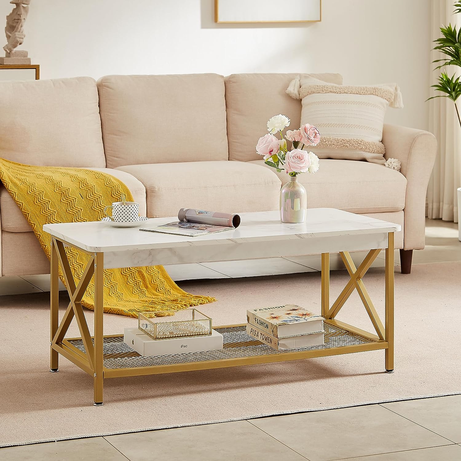 VECELO Coffee Table with Storage Shelf for Living Room 39.4 Inch, Simple Modern & Industrial Design