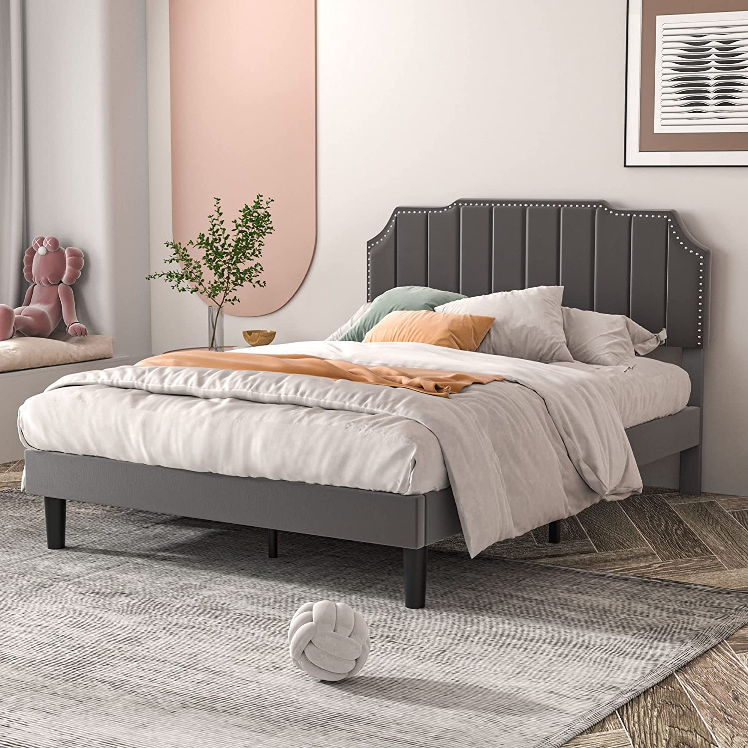 Upholstered Platform Bed Frame with Tufted Adjustable Headboard