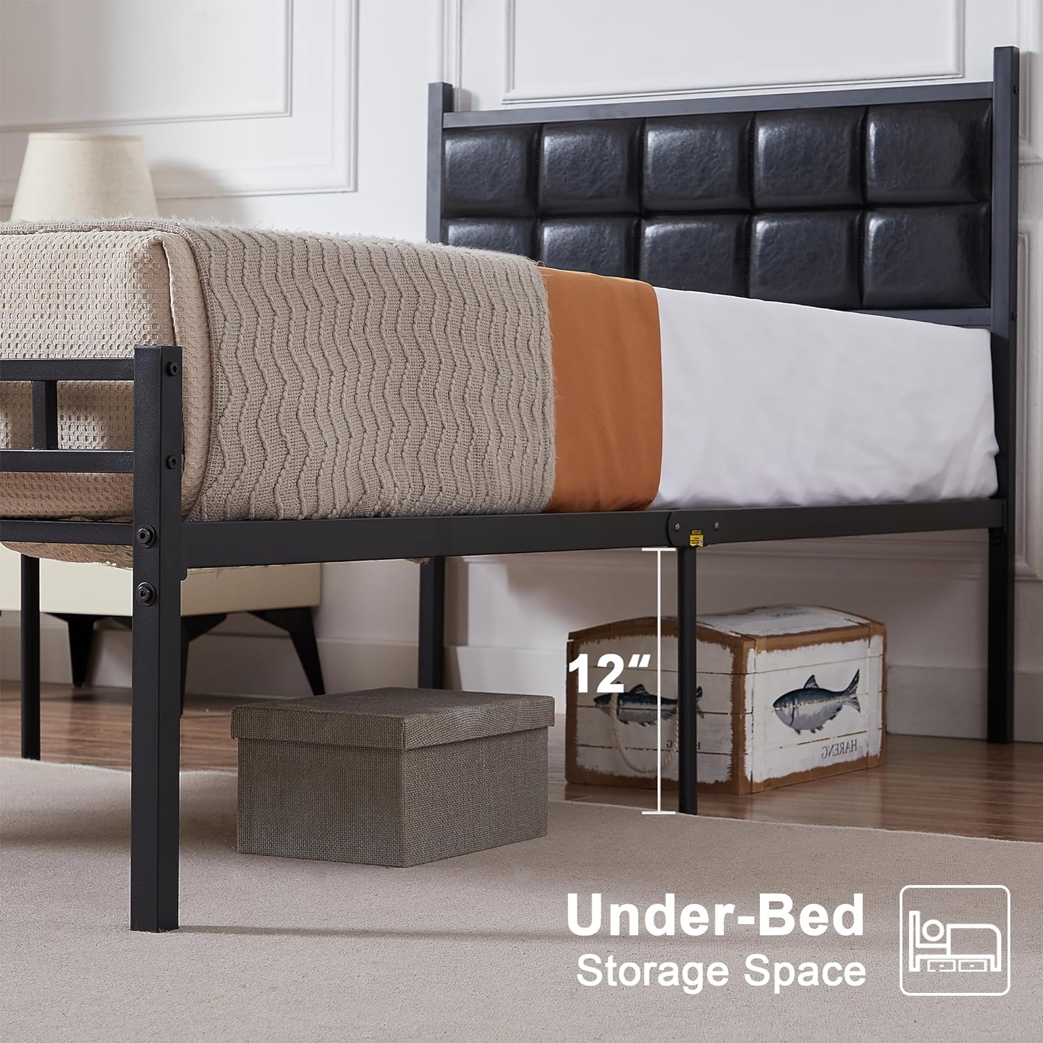 Upholstered bed on sale with metal slats