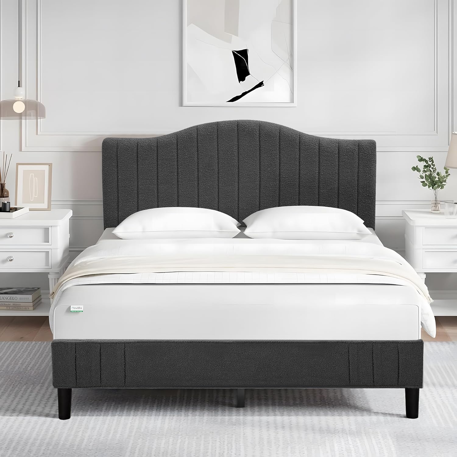 VECELO Upholstered Platform Bed Frame with Sheepskin Fabric Adjustable Headboard/Strong Wood Slats Supports