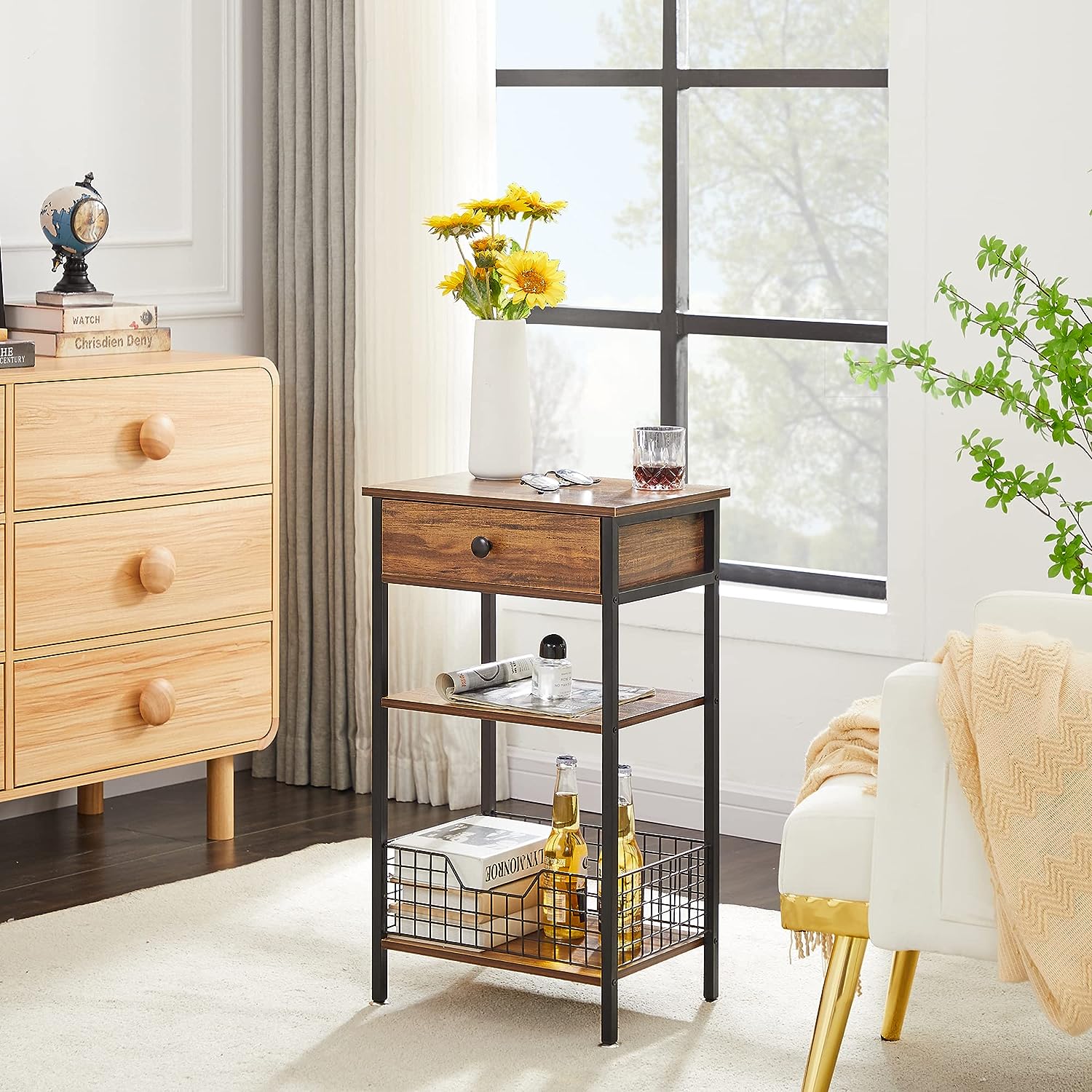 VECELO Versatile 27.6” Tall Nightstand/Side/Sofa Table with 2-Tiers Storage Shelves and Drawer