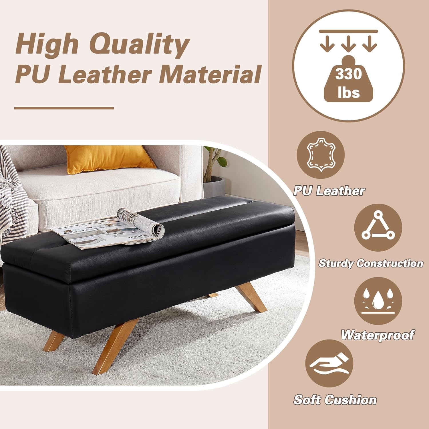 VECELO PU Leather Ottoman Bench with 6.1 inch Storage Space