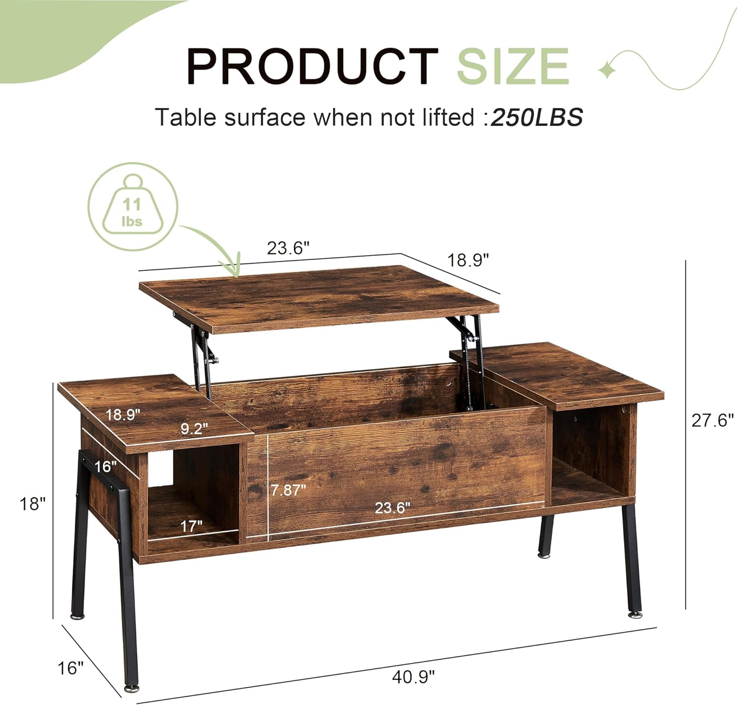 VECELO Wood Lift Top Coffee Table with Hidden Compartment and Storage Shelf