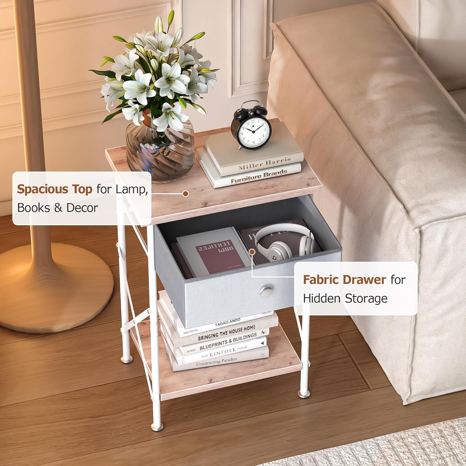 VECELO Nightstand with Drawer, Small Bedside Table with Storage and Adjustable Metal Legs