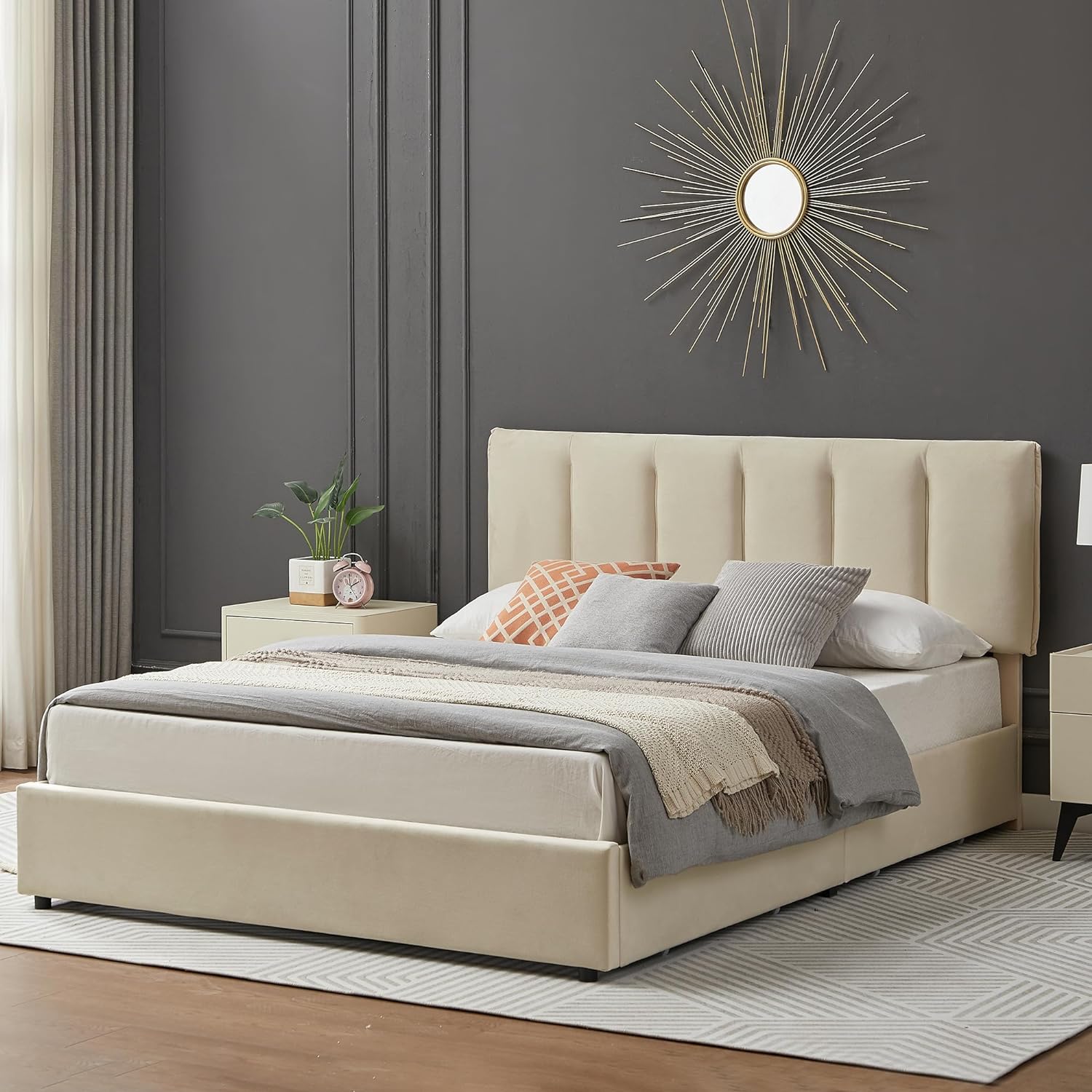 VECELO Upholstered Bed Frame with 4 Storage Drawers and Adjustable Velvet Headboard