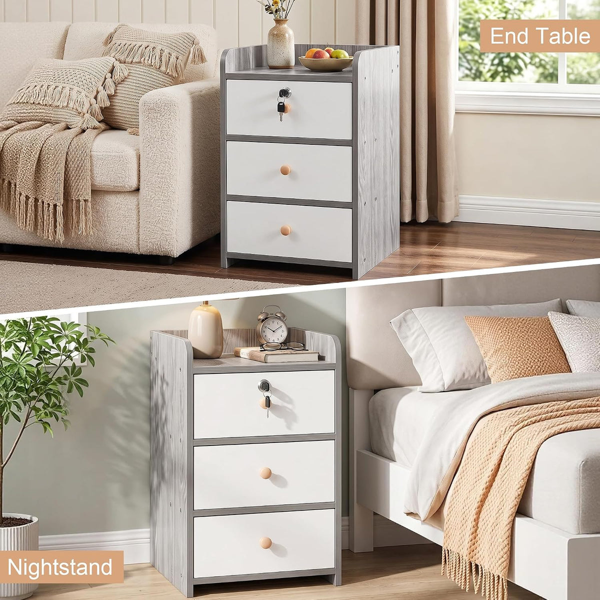 VECELO Nightstand with 3 Drawers Farmhouse End Table with Storage  Bedside Night Stand for Bedroom  Living Room