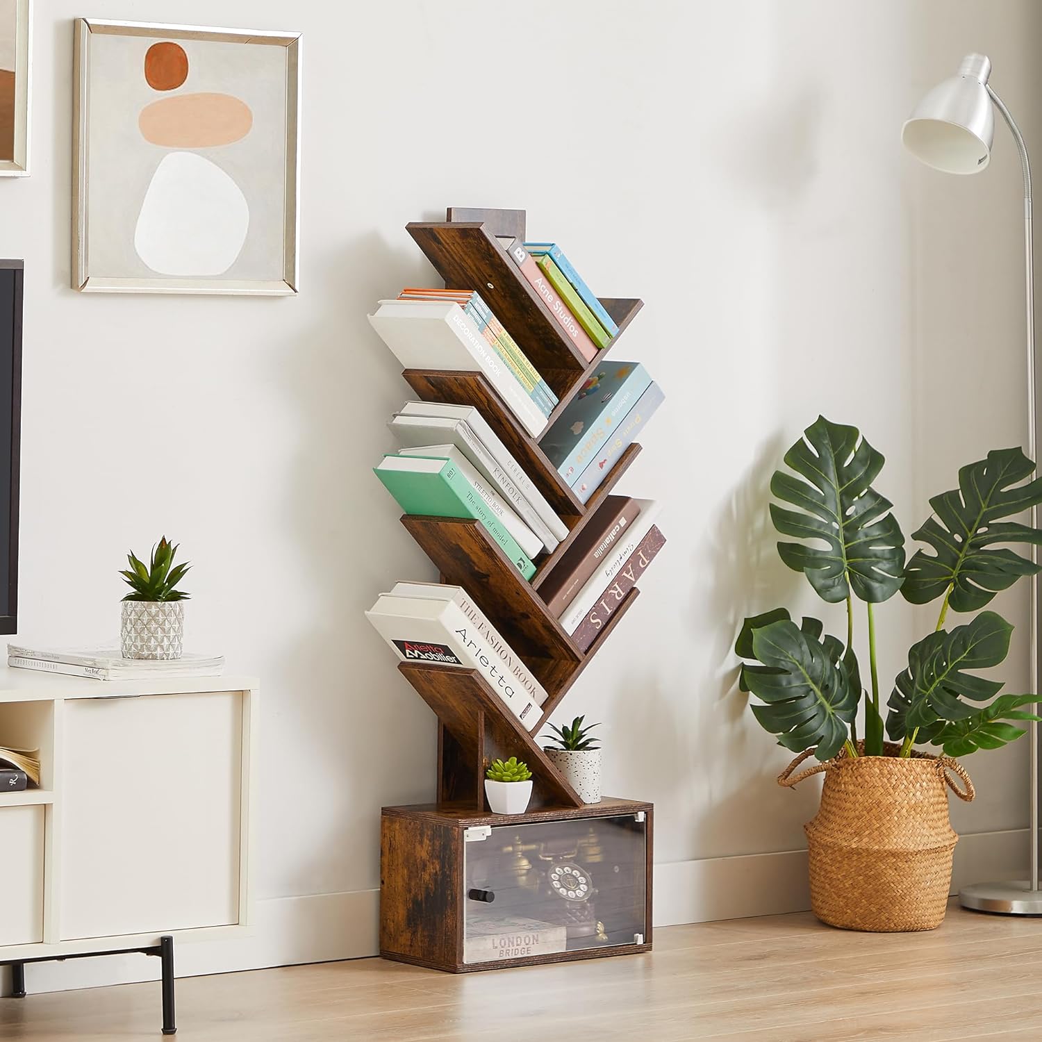 VECELO Tree Bookshelf, 7-Tier Tree Bookcase Wood Shelves Display with Storage Cabinet