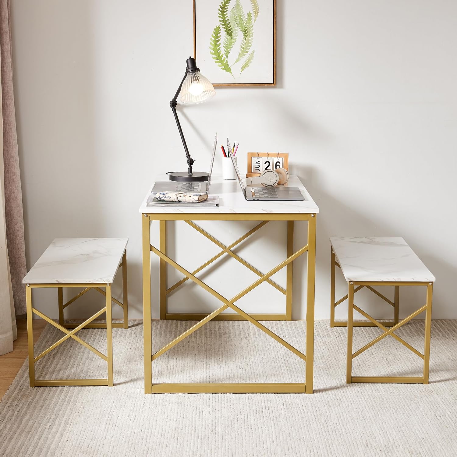 VECELO Kitchen Table with 2 Benches for 4