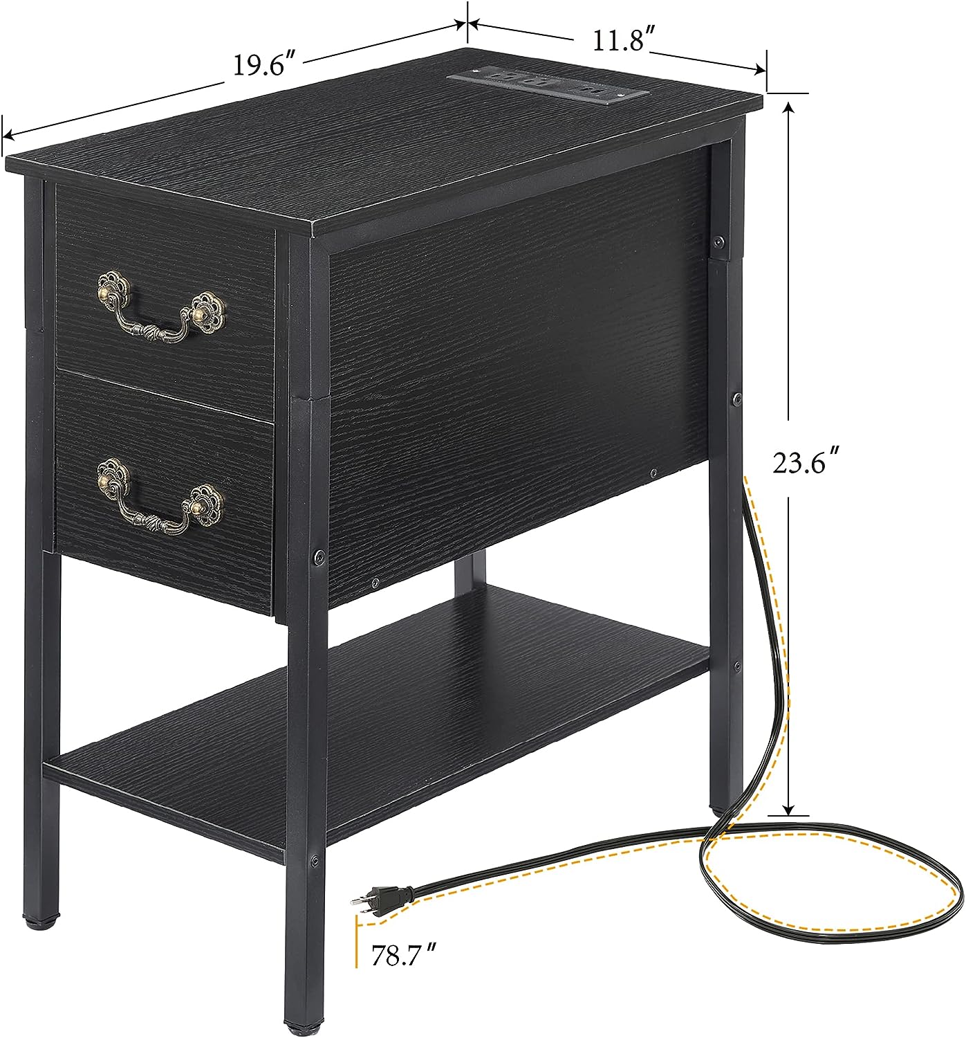 VECELO Tall End Table with Charging Station, Narrow Nightstands with 2 Drawers & USB Ports & Power Outlets