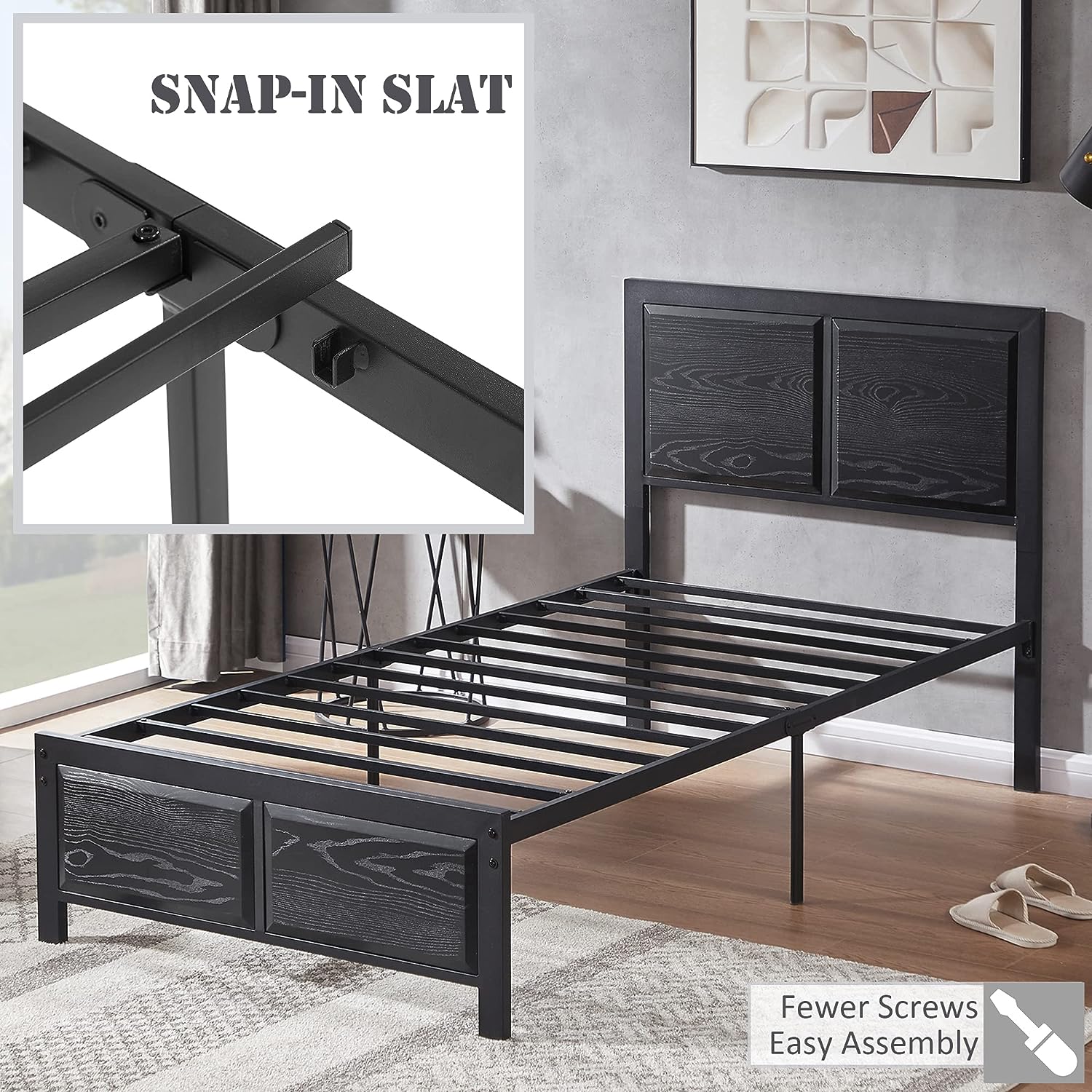 Platform Bed Frame/Mattress Foundation with Rustic Vintage Wood Headboard