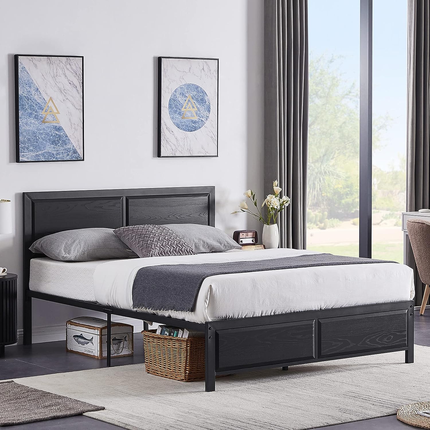 VECELO Platform Bed Frame/Mattress Foundation with Rustic Vintage Wood Headboard