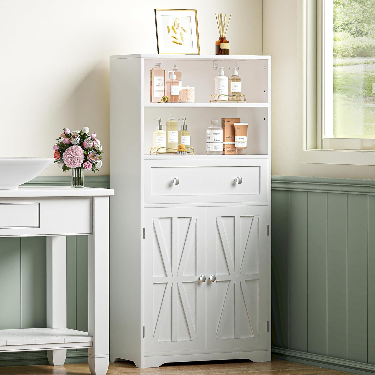 VECELO Bathroom Floor Cabinet, Freestanding Storage Cabinet with Drawer & Doors