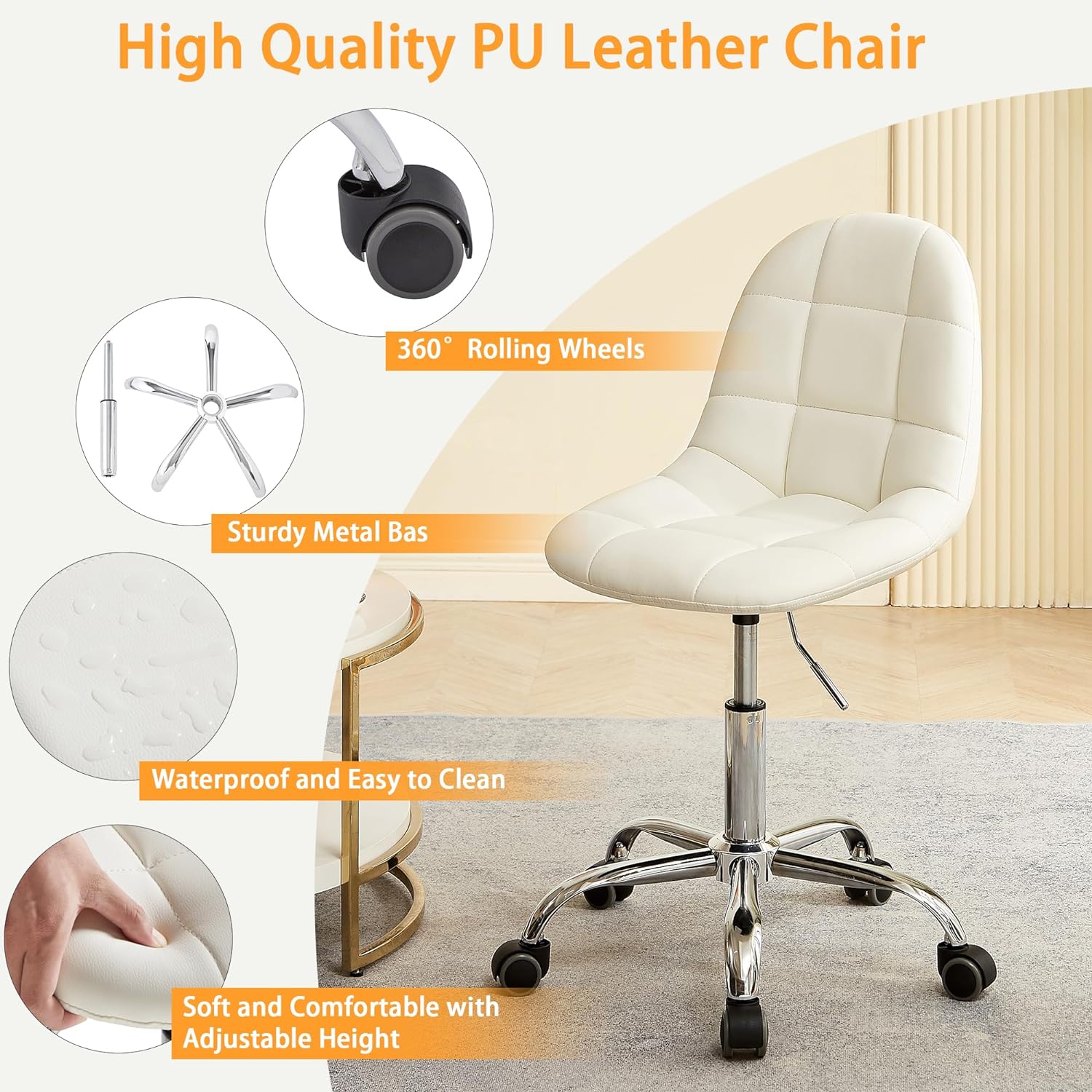 VECELO Modern Armless Home Office Desk Chair, Height Adjustable, PU Leather 360 Degree Swivel with Wheels