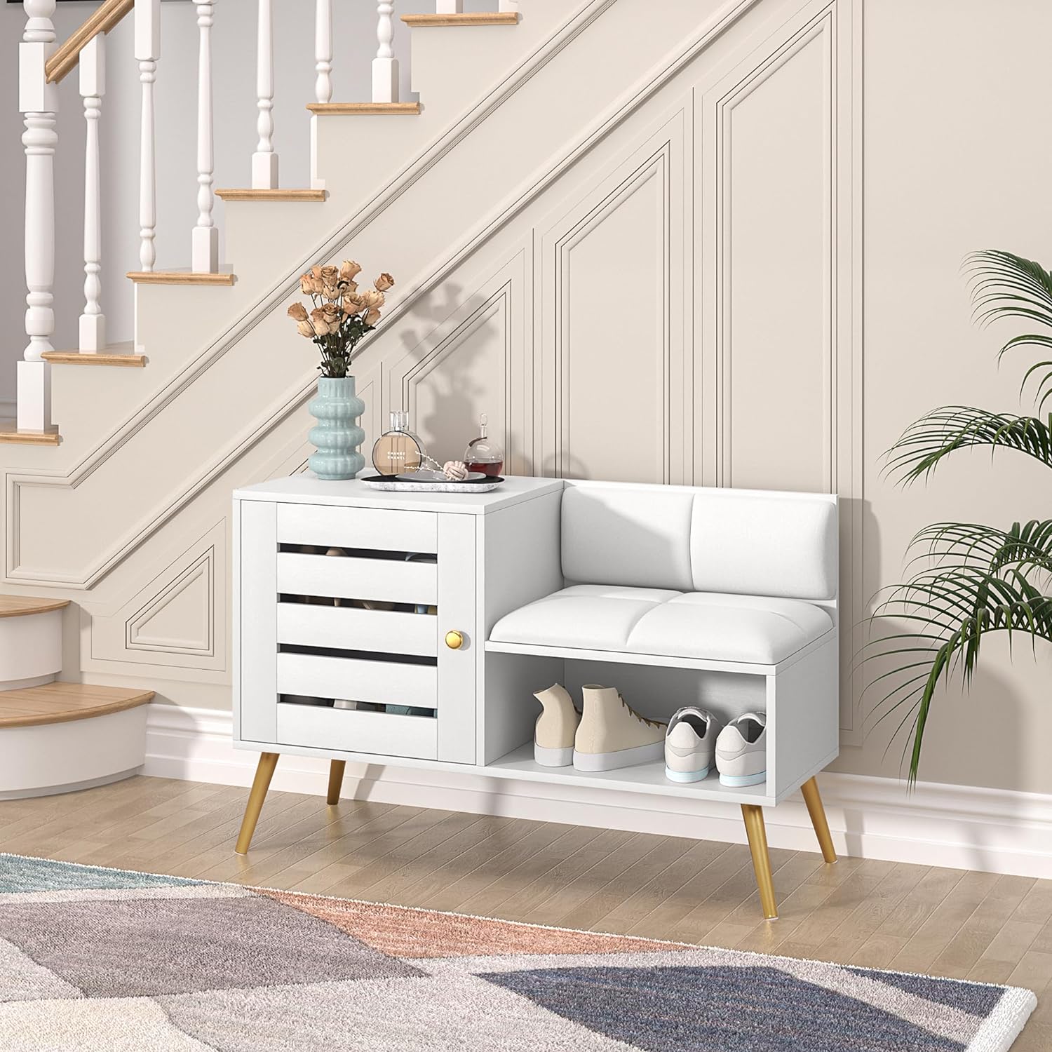 VECELO Entryway Bench with Storage Shoe Cabinet & Adjustable Shelf Louvered Door Removable PU Seat Cushion and Backrest