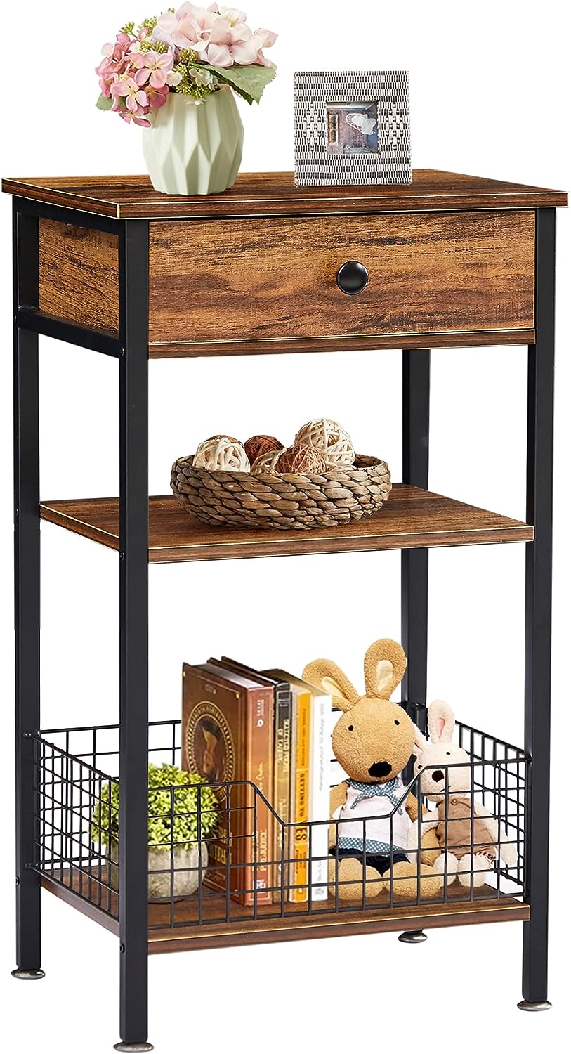 VECELO Versatile 27.6” Tall Nightstand/Side/Sofa Table with 2-Tiers Storage Shelves and Drawer