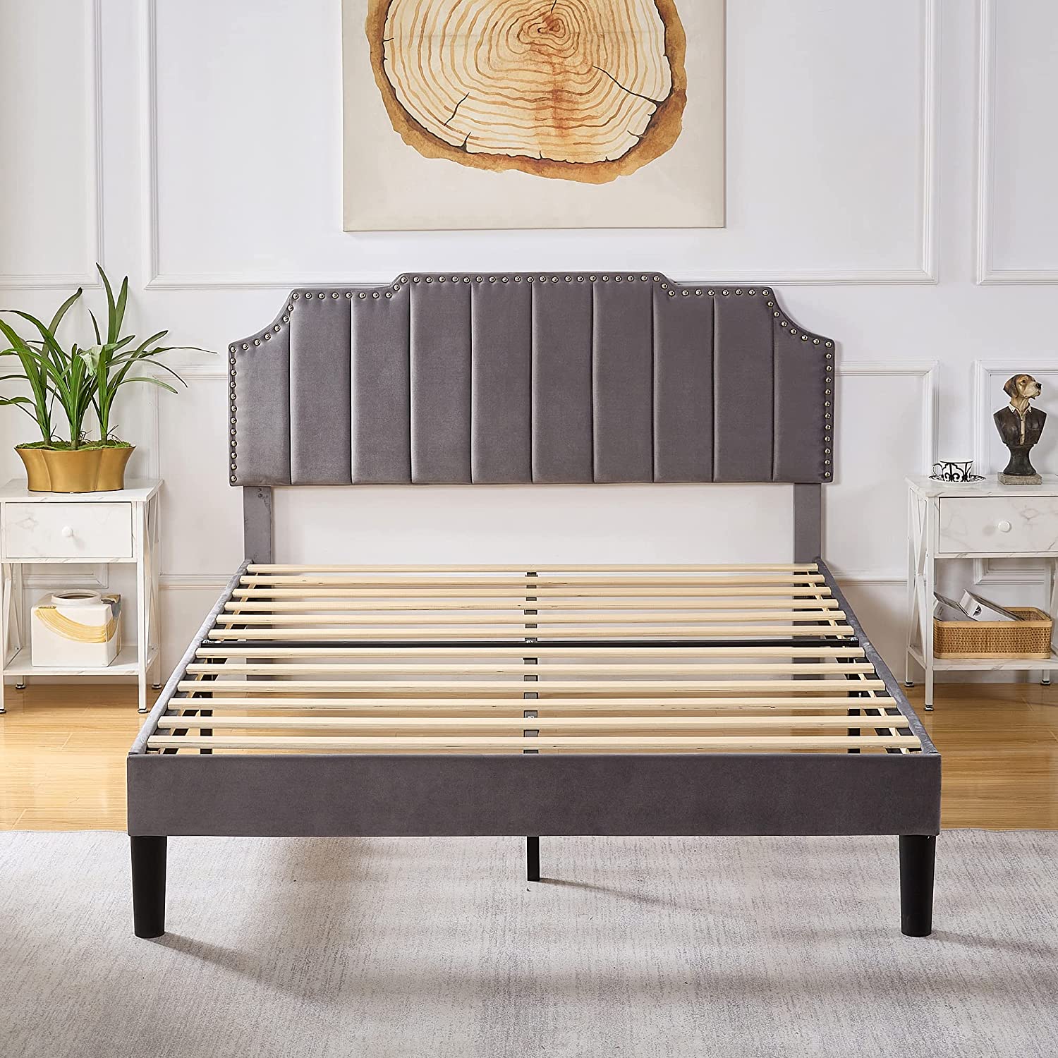 Upholstered Platform Bed Frame with Tufted Adjustable Headboard