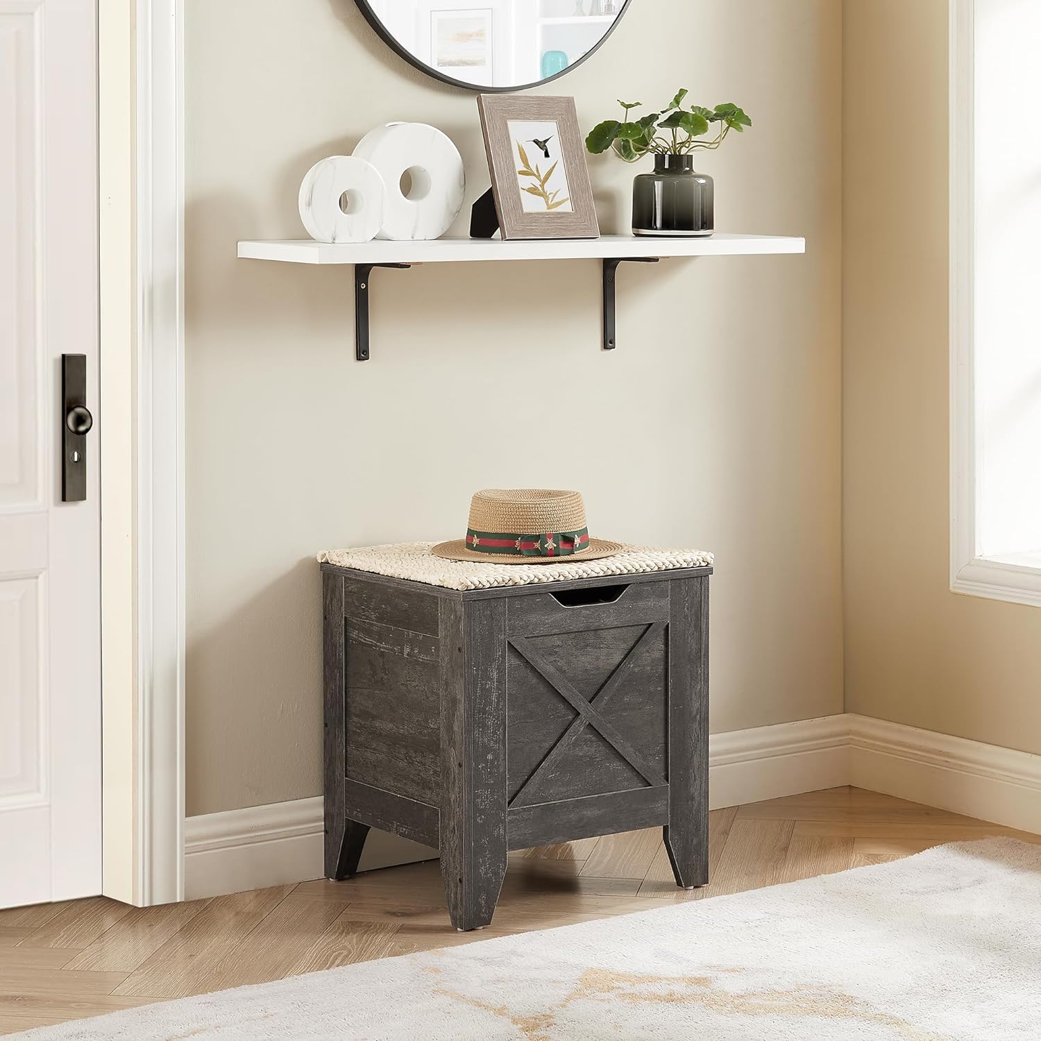 VECELO Storage Shoe Bench Industrial Barn-Door Style Toy Chest Cabinet with Safety Hinges Knotcushion