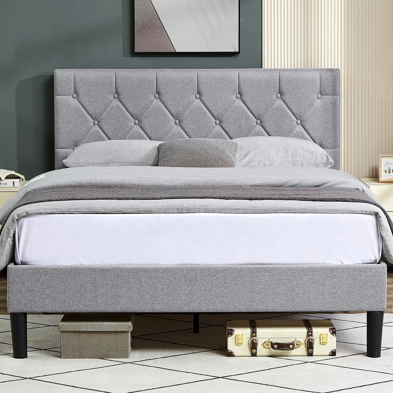 VECELO Queen Size Bed Frame, Upholstered Platform with Adjustable Diamond Tufted Headboard