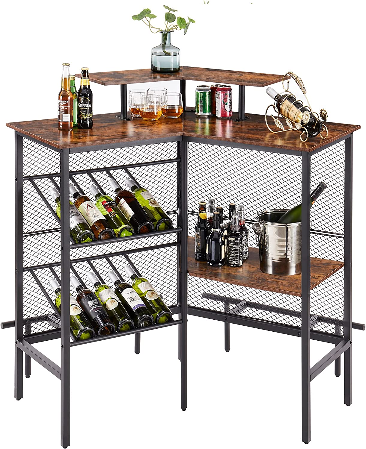 VECELO Bar Unit, 3 Tier Liquor Cabinet with Metal Mesh Front