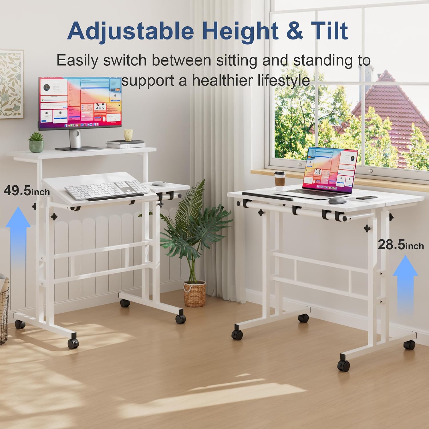 VECELO Mobile Small Standing Desk Adjustable Height, Computer Workstations with Tiltable Tabletop