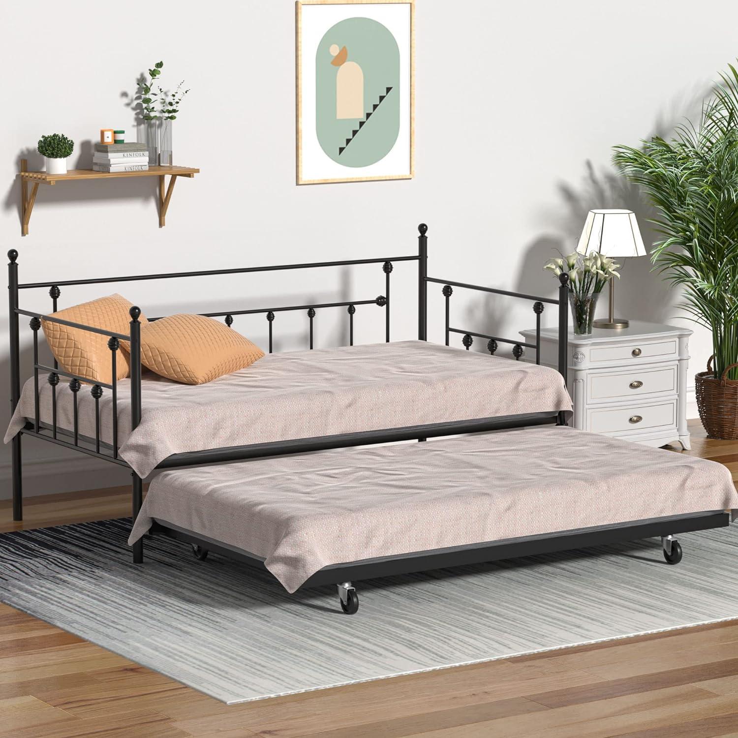 VECELO Daybed Frame, Twin Size Metal Platform Bed with Headboard