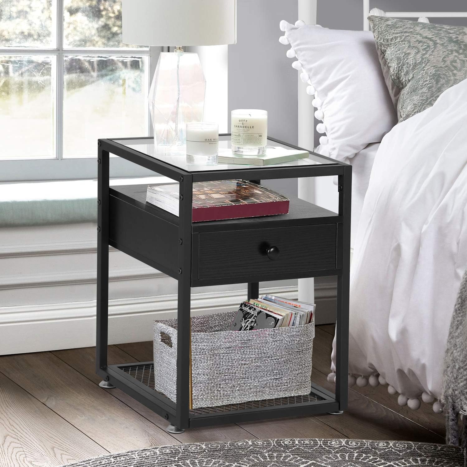 VECELO Nightstands,Glass Top End Tables with Drawer and Shelf